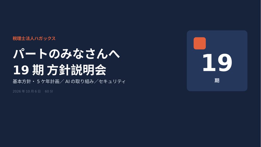 説明会資料の表紙「パートのみなさんへ 19期 方針説明会」